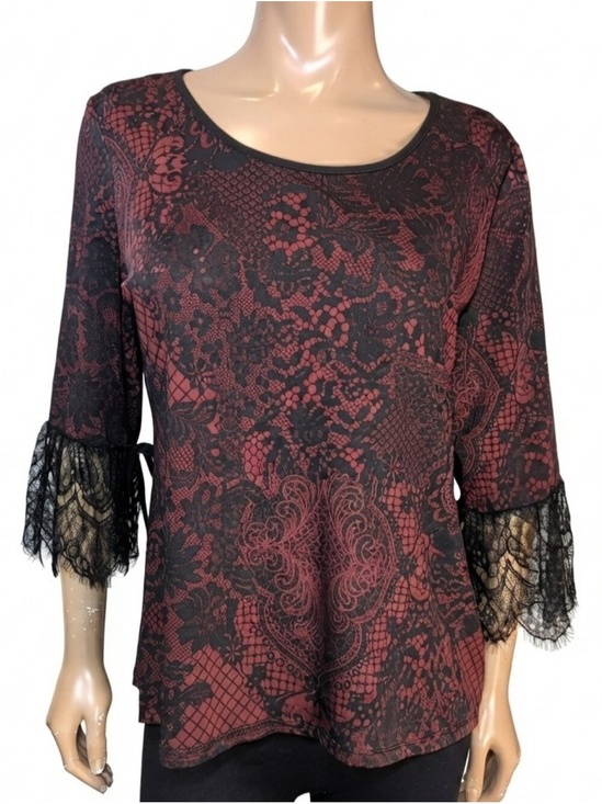 Laura Tops - Laura Gothic Lace Blouse Womens Size XL Red Black Vamp Romantic Moody Floral